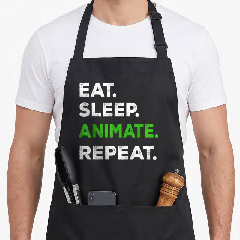 Eat show lover apron - Stacked EAT SLEEP ANIMATE REPEAT text in white and green block letters — shown on a black cotton canvas apron against a white background