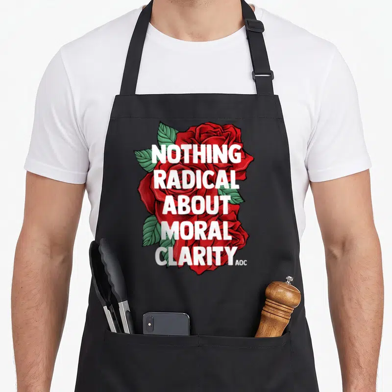 Ocasio manhattan apron - White text Nothing Radical About Moral Clarity over red roses and green leaves with small AOC — shown on a black cotton canvas apron against a white background