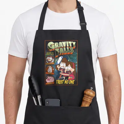 Gravity fall apron - Cartoon Dipper Mabel portraits with Trust No One text and three side icons — shown on a black cotton canvas apron against a white background