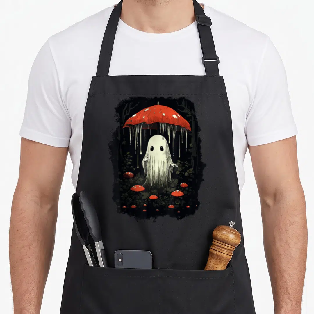 Mushroom halloween apron - White cartoon ghost under dripping red mushroom in dark forest with scattered fungi — shown on a black cotton canvas apron against a white background
