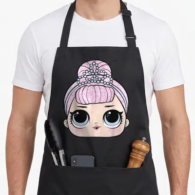 Lol face apron - Cartoon doll head with pink glitter hair, light blue tiara, peach skin, and large black eyes — shown on a black cotton canvas apron against a white background