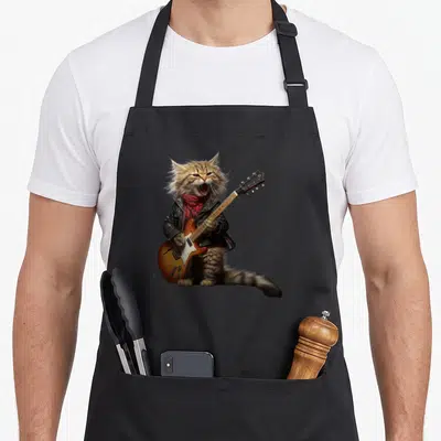 Rock playing cat apron - Brown and black cat in leather jacket holding orange guitar — shown on a black cotton canvas apron against a white background