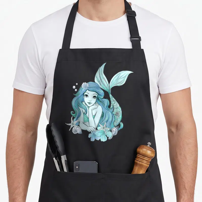 Sketch mermaid apron - Cartoon mermaid in blue and teal with starfish, shells, and bubbles — shown on a black cotton canvas apron against a white background