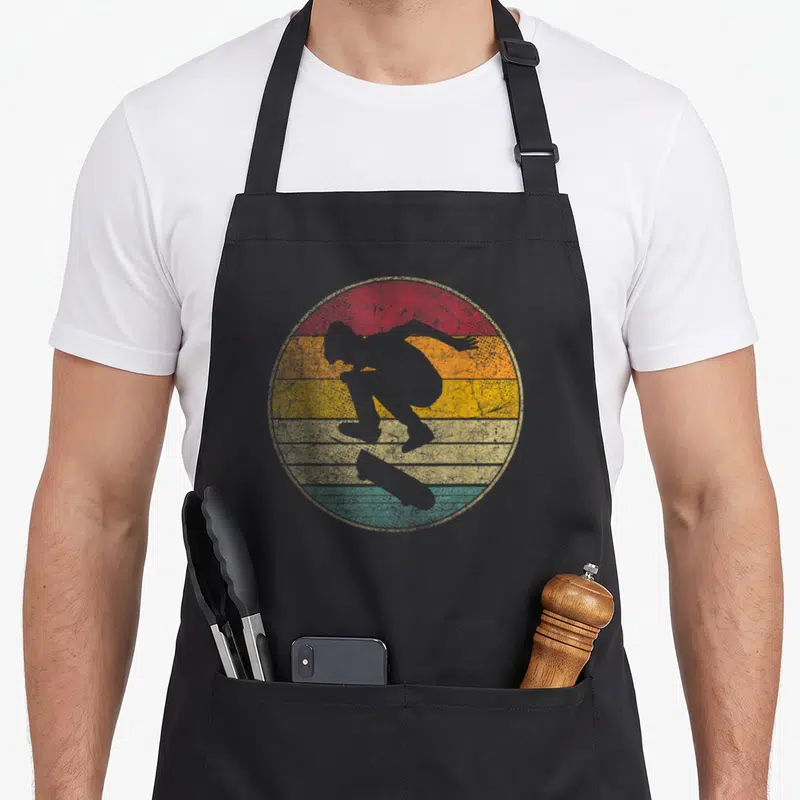 Skateboard distressed apron - Grey skater silhouette over red orange yellow teal horizontal stripes in distressed retro — shown on a black cotton canvas apron against a white background