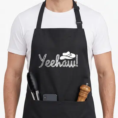 Square cook's country aprons - White Yeehaw rope text with cowboy hat on black bib — shown on a black cotton canvas apron against a white background