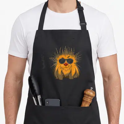 Lookin porcupine apron - Cartoon orange porcupine in sunglasses next to stacked text reading LOOKIN SHARP BRO — shown on a black cotton canvas apron against a white background