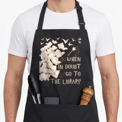 Doubt love library apron - Cream books transforming into birds with magic wand and When In Doubt Go To The Library text — shown on a black cotton canvas apron against a white background