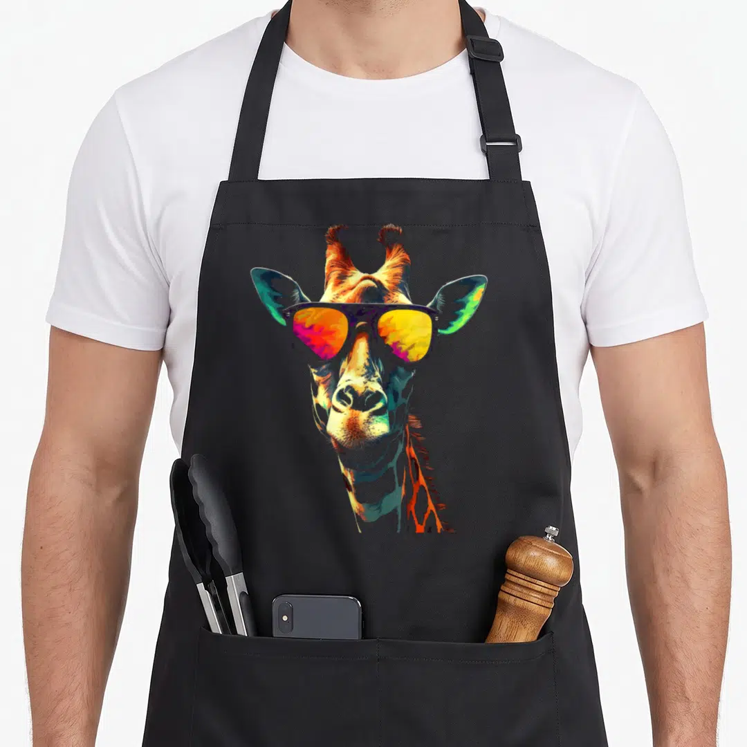 Giraffe artwork animal apron - Cartoon giraffe head wearing colorful sunglasses in orange and teal — shown on a black cotton canvas apron against a white background