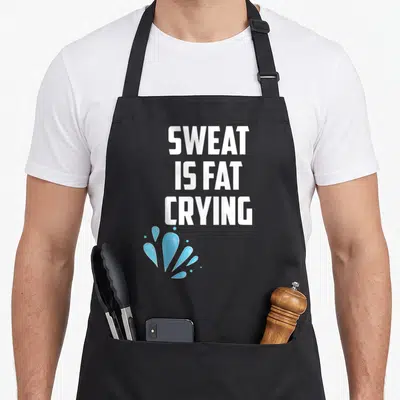 Crying sweat apron - SWEAT IS FAT CRYING text above blue droplets on cotton canvas — shown on a black cotton canvas apron against a white background
