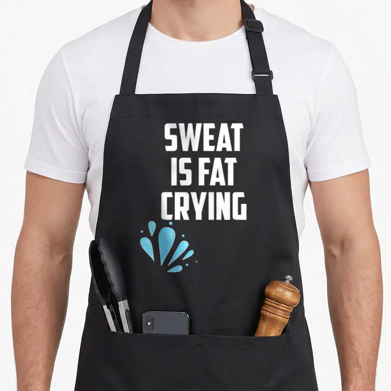 Crying sweat apron - SWEAT IS FAT CRYING text above blue droplets on cotton canvas — shown on a black cotton canvas apron against a white background
