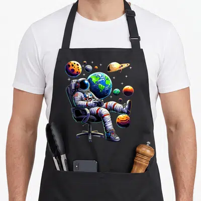 Astronaut gaming apron - Cartoon astronaut in office chair holding controller surrounded by colorful planets and stars — shown on a black cotton canvas apron against a white background