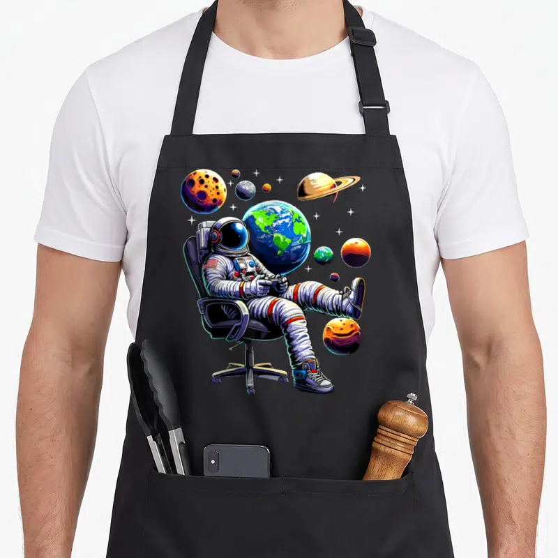 Astronaut gaming apron - Cartoon astronaut in office chair holding controller surrounded by colorful planets and stars — shown on a black cotton canvas apron against a white background