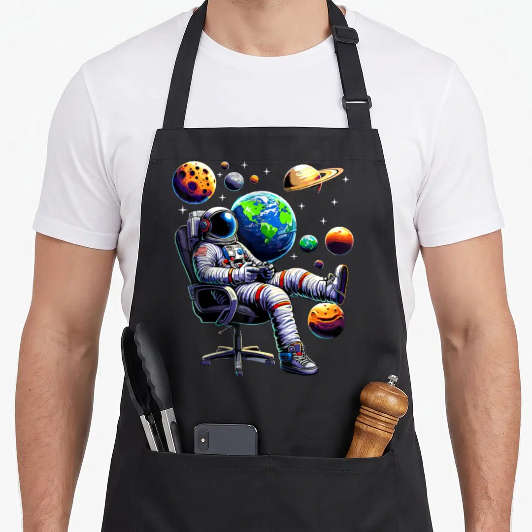 Astronaut gaming apron - Cartoon astronaut in office chair holding controller surrounded by colorful planets and stars — shown on a black cotton canvas apron against a white background