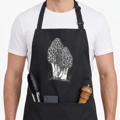 Nature foraging apron - Two white morel mushrooms with grass base in line art style — shown on a black cotton canvas apron against a white background
