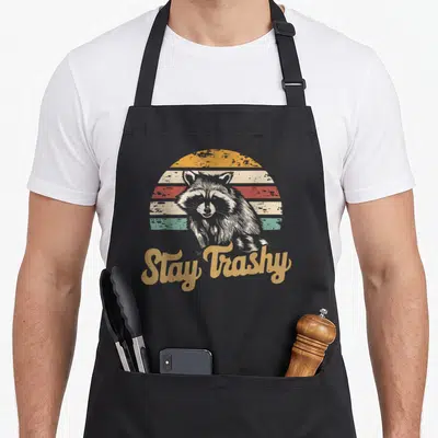 Stay meme apron - Raccoon centered on striped sun with Stay Trashy text in retro style — shown on a black cotton canvas apron against a white background
