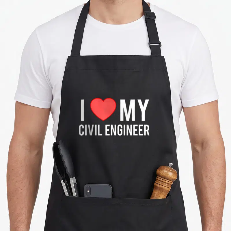 Spouse civil engineer apron - Red heart between I and MY above CIVIL ENGINEER text — shown on a black cotton canvas apron against a white background