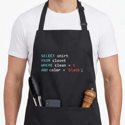 Programmer geek apron - SQL query text in blue white and red reading select shirt from closet where clean equals one — shown on a black cotton canvas apron against a white background
