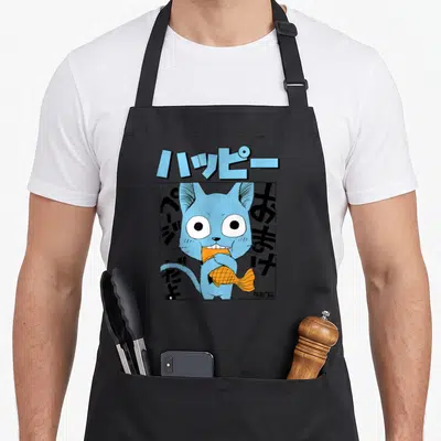 Manga eating anime apron - Blue cartoon cat holding orange fish inside square frame with Japanese text and light blue — shown on a black cotton canvas apron against a white background