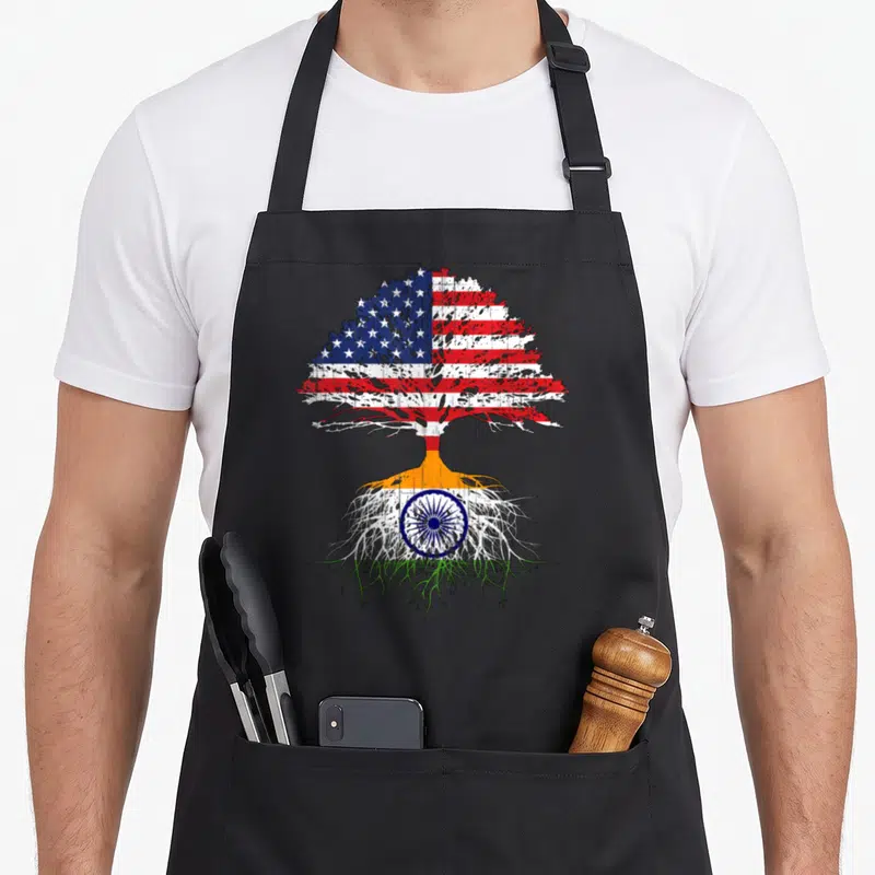 India indio apron - Tree with USA flag canopy and India flag roots in distressed colors — shown on a black cotton canvas apron against a white background