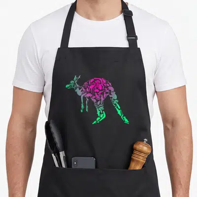 Colourful kangaroo apron - Kangaroo silhouette filled with smaller animal shapes in pink green purple gradient — shown on a black cotton canvas apron against a white background