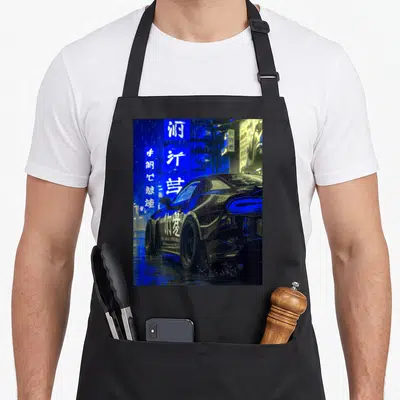 Drifting japan apron - Black car with white characters under blue neon signs in rain — shown on a black cotton canvas apron against a white background