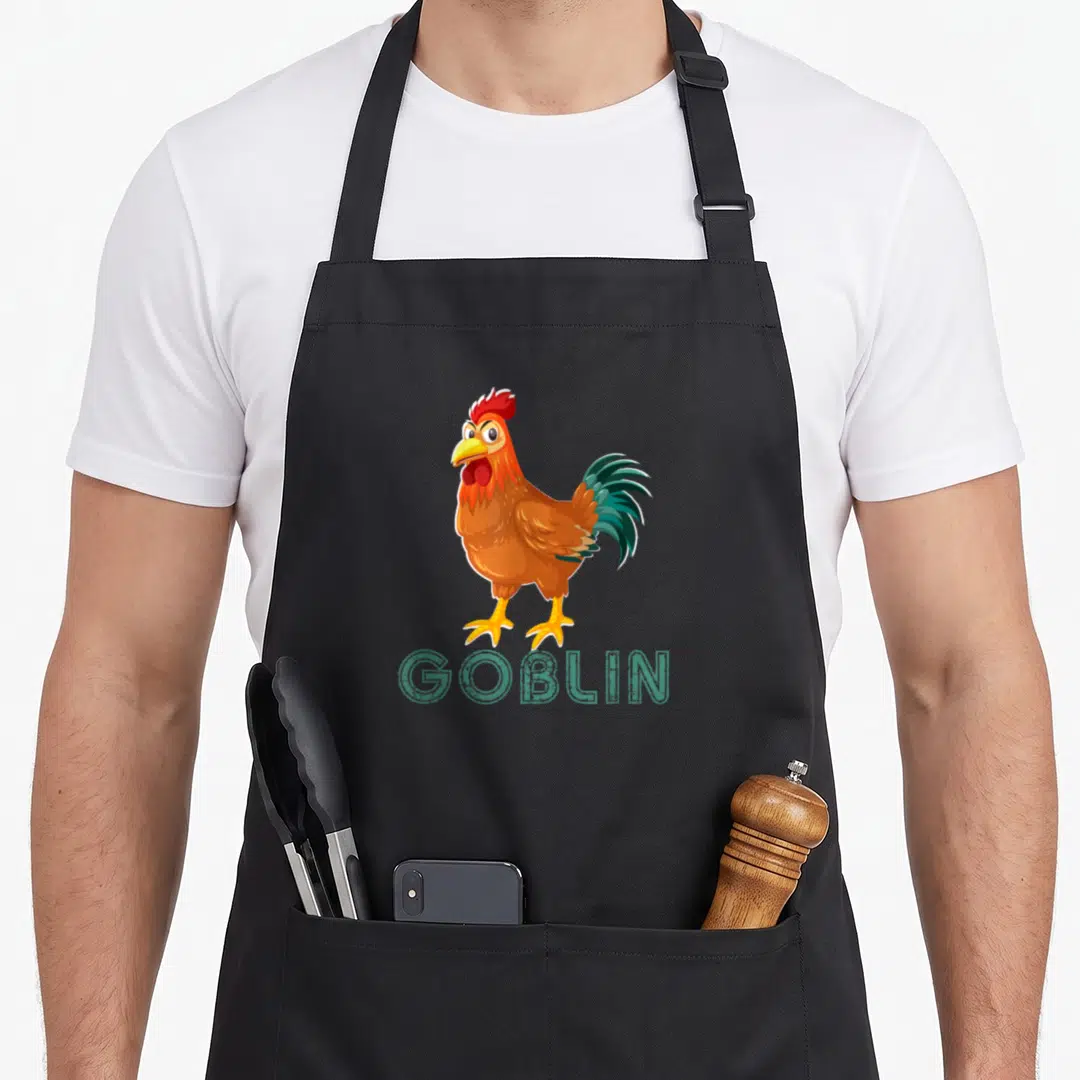 Goblin inappropriate apron - Cartoon rooster in brown and teal standing above GOBLIN text — shown on a black cotton canvas apron against a white background