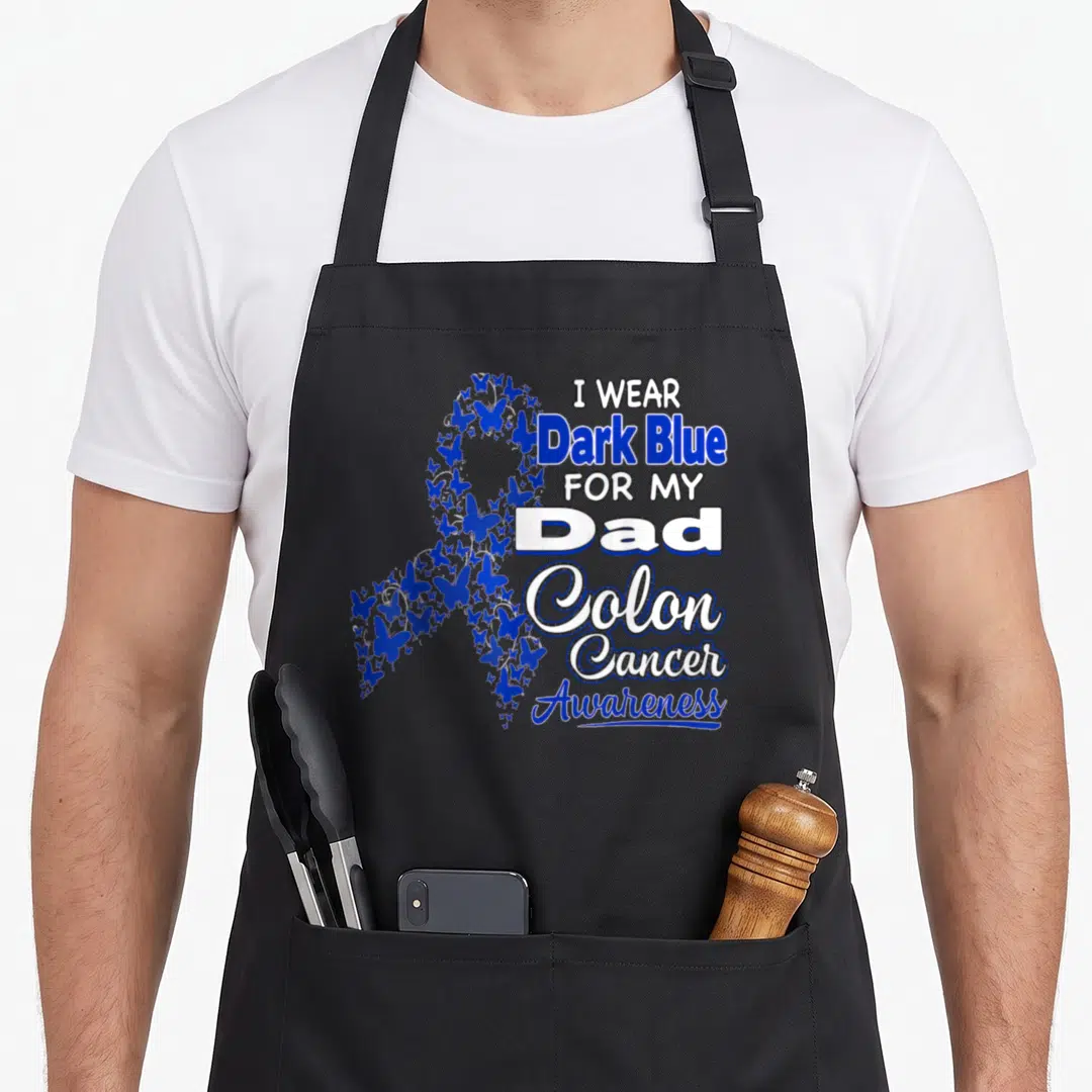 Dark colon cancer awareness apron - Butterfly awareness ribbon with I Wear Dark Blue For My Dad Colon Cancer Awareness — shown on a black cotton canvas apron against a white background
