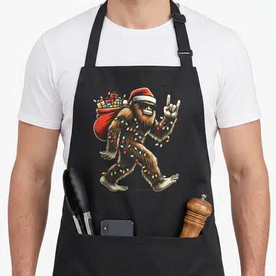 Sasquatch christmas lights apron - Brown bigfoot walking right with red sack, santa hat, and wrapped Christmas lights — shown on a black cotton canvas apron against a white background