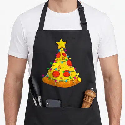 Gamer christmas tree apron - Cartoon pizza shaped like a Christmas tree with yellow star and colorful lights — shown on a black cotton canvas apron against a white background