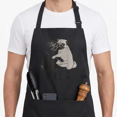 Hug dog trainer apron - Two pugs hugging each other with HUG text below in black and white line art — shown on a black cotton canvas apron against a white background
