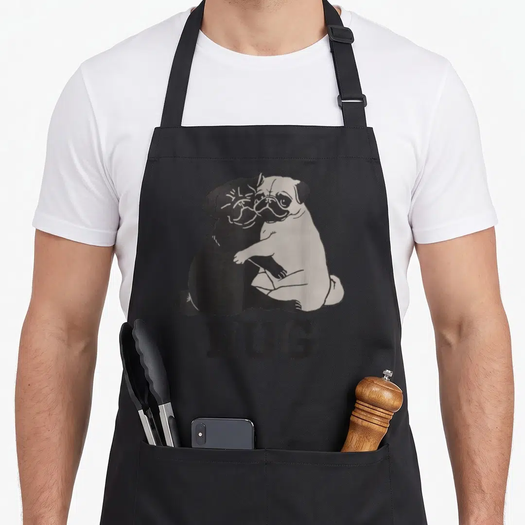 Hug dog trainer apron - Two pugs hugging each other with HUG text below in black and white line art — shown on a black cotton canvas apron against a white background