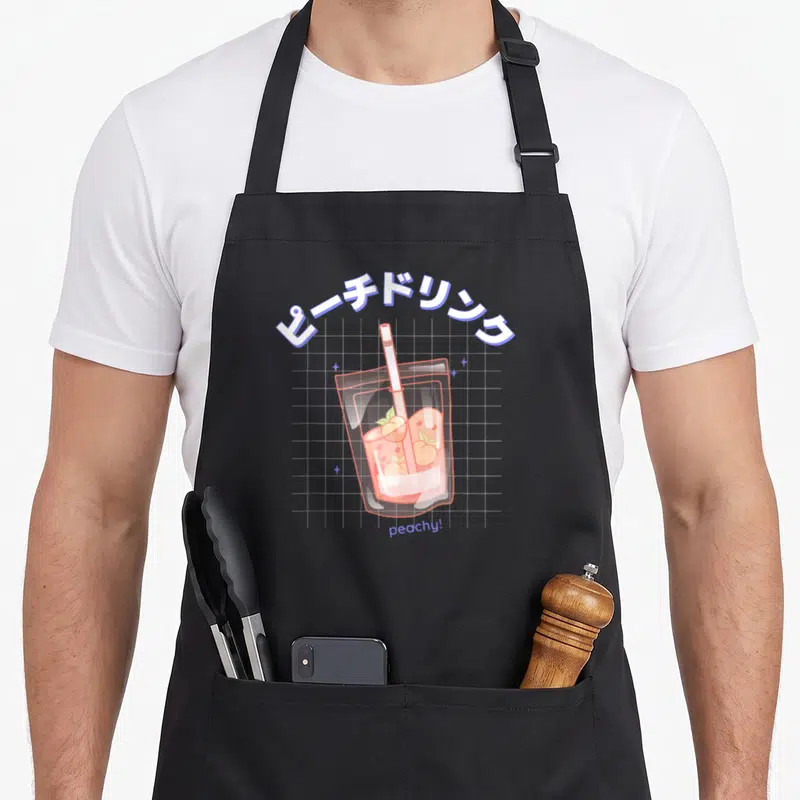Kidcore kawaii apron - Peach drink in plastic pouch with Japanese text and peachy! label on grid background — shown on a black cotton canvas apron against a white background