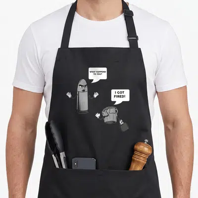 Collector shooting apron - Cartoon intact bullet asks spent casing with briefcase why it got fired — shown on a black cotton canvas apron against a white background