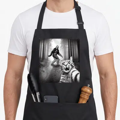 Selfie sasquatch funny cat apron - Shocked tabby cat face in foreground with Bigfoot walking in misty forest — shown on a black cotton canvas apron against a white background