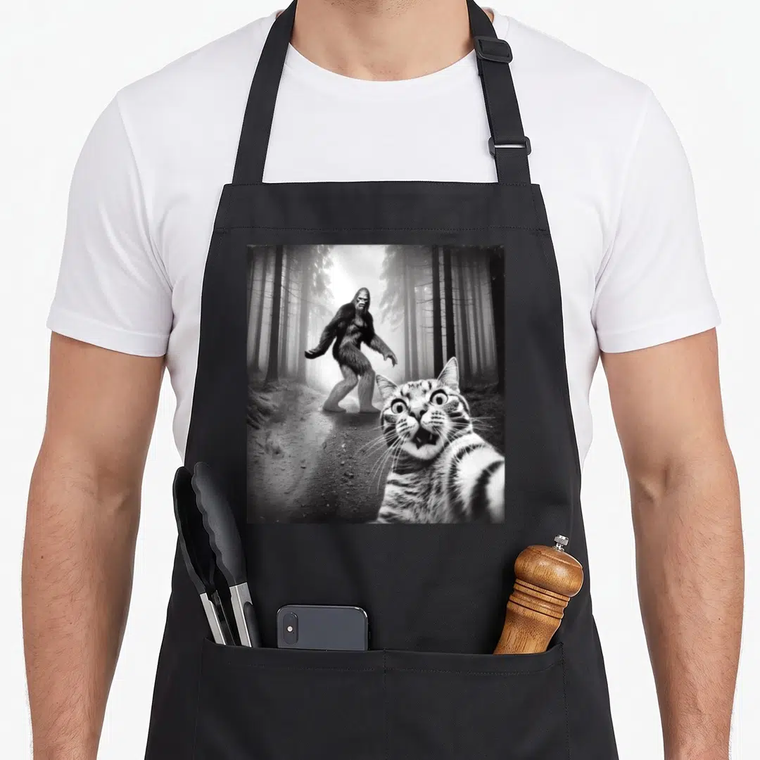 Selfie sasquatch funny cat apron - Shocked tabby cat face in foreground with Bigfoot walking in misty forest — shown on a black cotton canvas apron against a white background