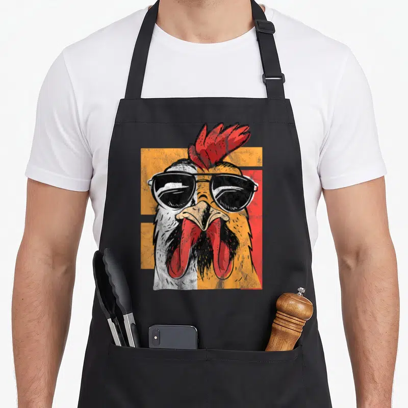 Sunglass rooster apron - Retro rooster head with sunglasses on orange and red geometric background — shown on a black cotton canvas apron against a white background