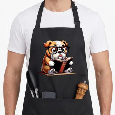 Reading english chef aprons - Cartoon bulldog wearing glasses holding red book on mat — shown on a black cotton canvas apron against a white background