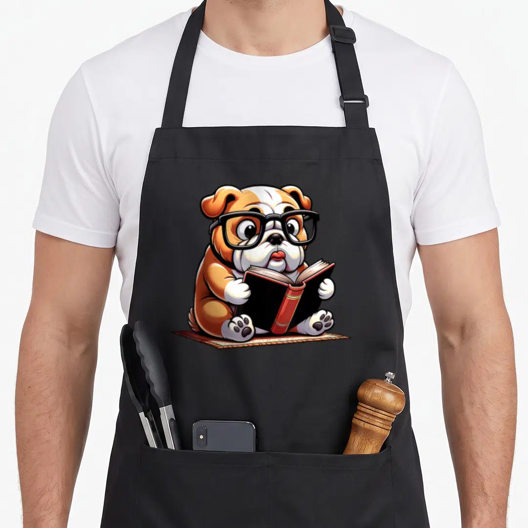 Reading english chef aprons - Cartoon bulldog wearing glasses holding red book on mat — shown on a black cotton canvas apron against a white background
