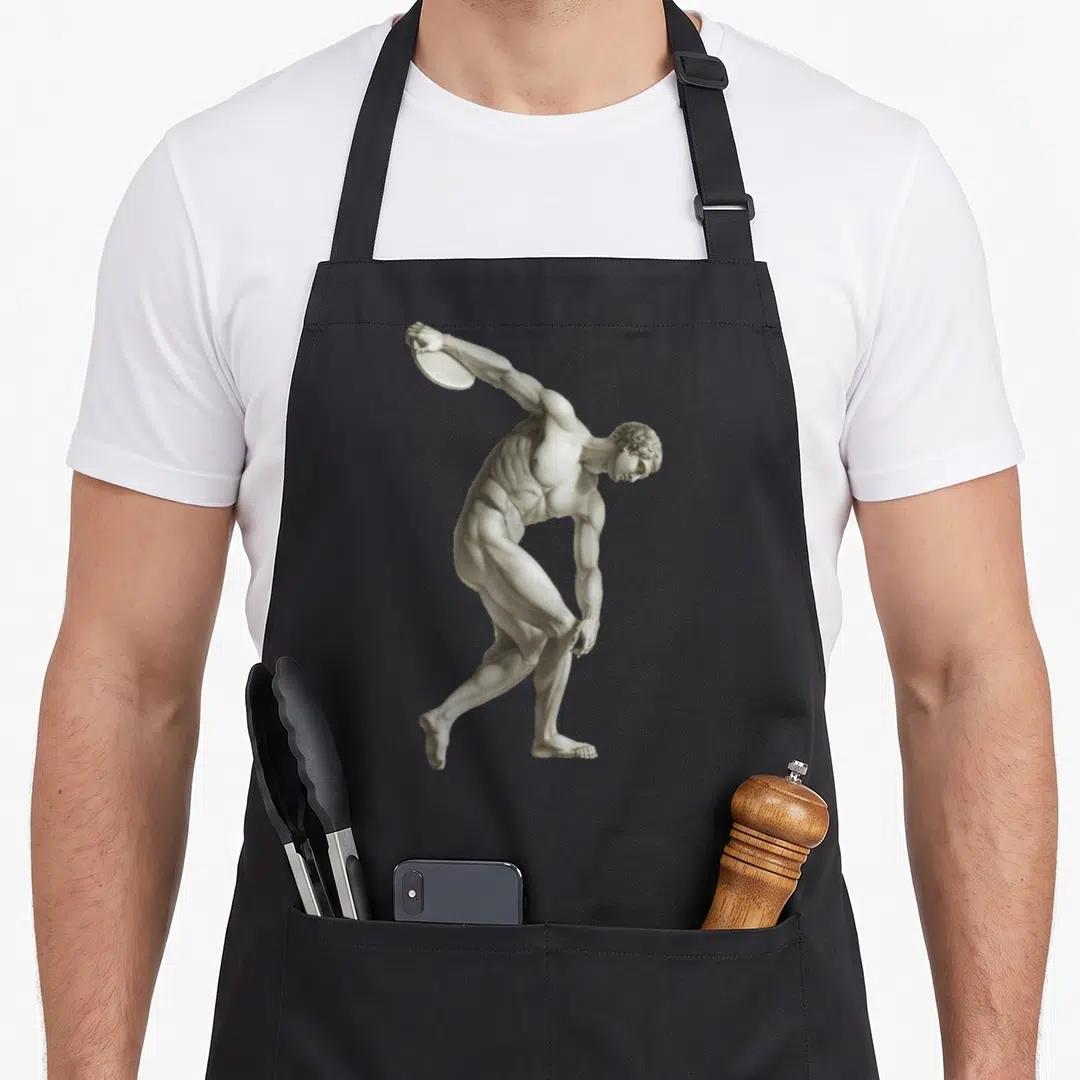 Discobolus throwers apron - Grey realistic drawing of a muscular man throwing a disc in a dynamic pose — shown on a black cotton canvas apron against a white background