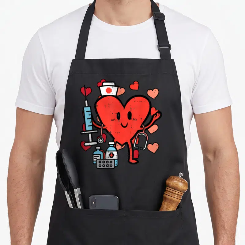Valentine nursing apron - Red heart character in nurse hat with syringe, stethoscope, and pills in distressed red white — shown on a black cotton canvas apron against a white background