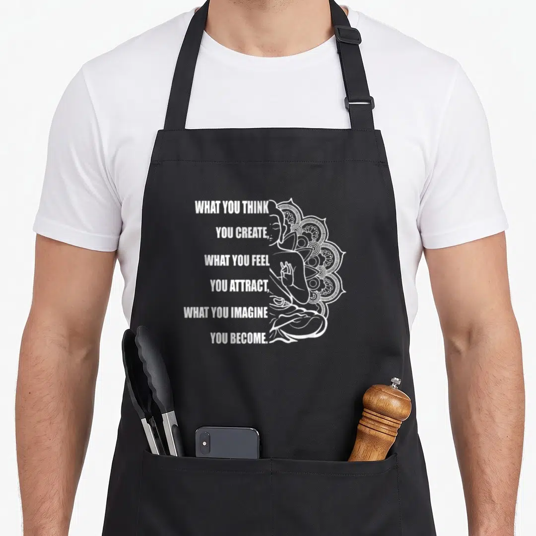 Buddha meditation buddhist apron - White text stacked next to a line-art woman meditating with a mandala pattern — shown on a black cotton canvas apron against a white background