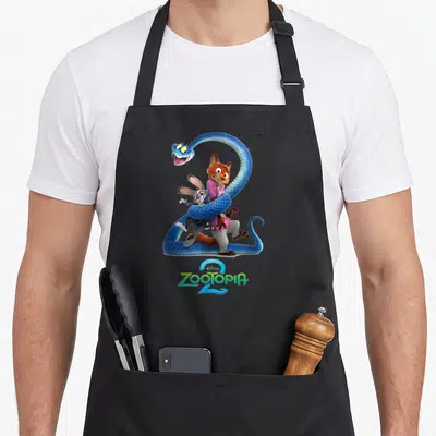 Shot movie novelty apron - Blue snake coiled around fox and rabbit with Zootopia 2 text logo below — shown on a black cotton canvas apron against a white background