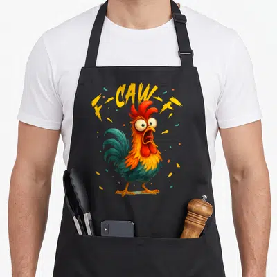 Bird rooster apron - Cartoon rooster with F-CAW text and scattered feathers in yellow, orange, red, and teal — shown on a black cotton canvas apron against a white background