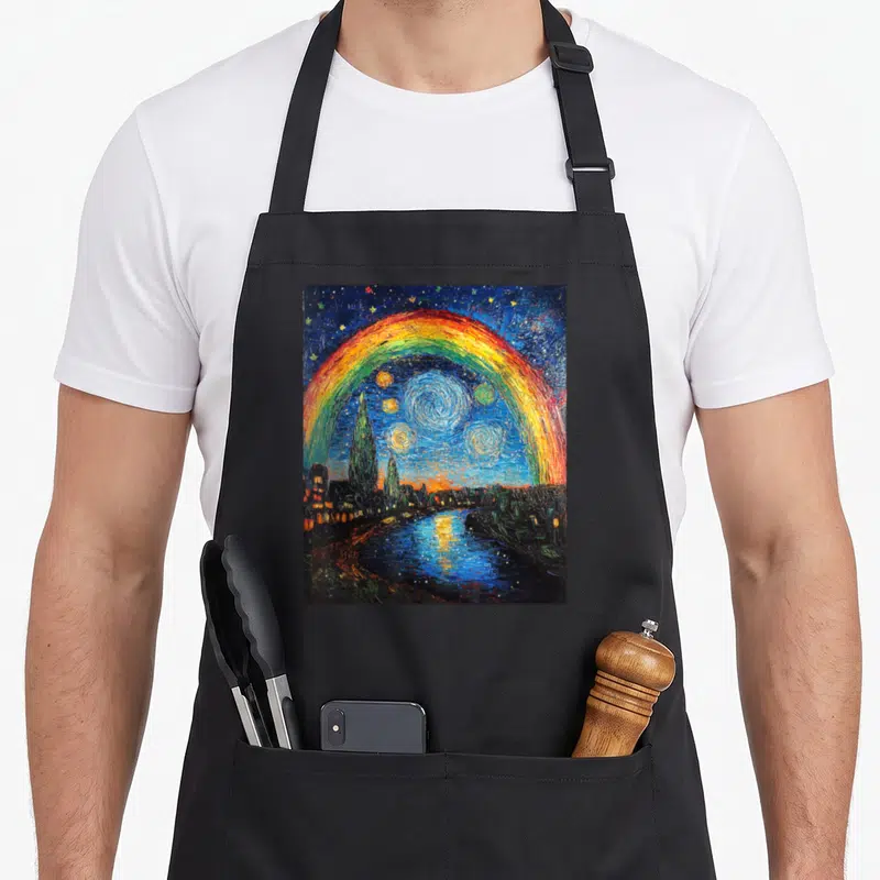 Rainbow van gogh apron - Realistic rainbow arching over cityscape and river under swirling starry sky in blue yellow — shown on a black cotton canvas apron against a white background