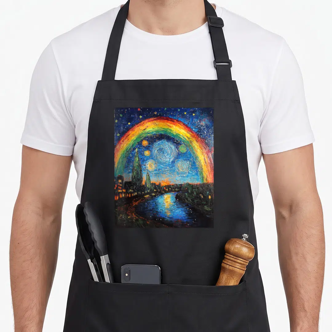 Rainbow van gogh apron - Realistic rainbow arching over cityscape and river under swirling starry sky in blue yellow — shown on a black cotton canvas apron against a white background