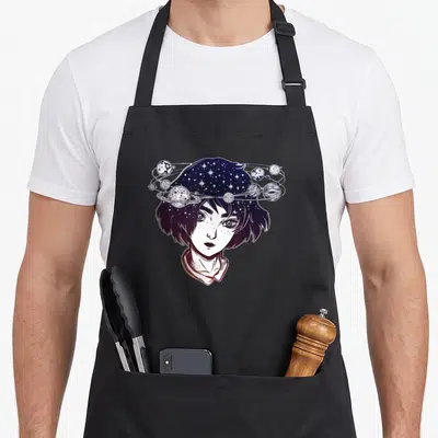 Manga mangoes apron - Anime girl with starry hair and orbiting planets in purple and black line art — shown on a black cotton canvas apron against a white background