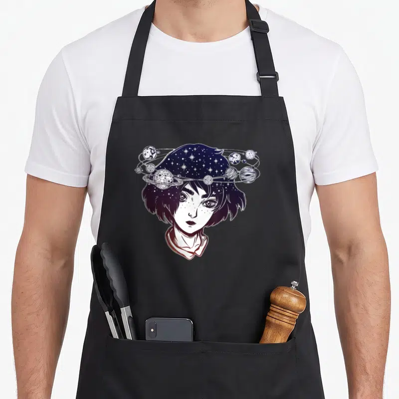 Manga mangoes apron - Anime girl with starry hair and orbiting planets in purple and black line art — shown on a black cotton canvas apron against a white background