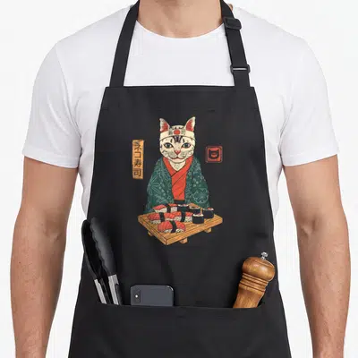 Neko sushi apron - Cat sushi chef in green kimono with wooden tray and Japanese text banner — shown on a black cotton canvas apron against a white background