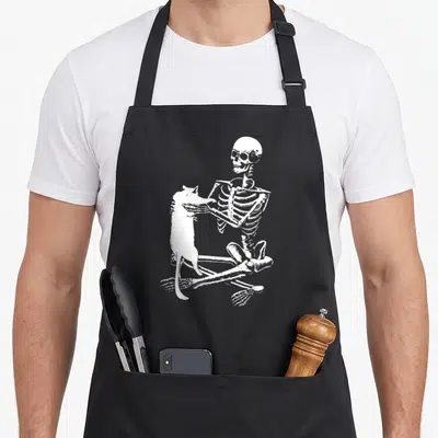 Holding funny halloween aprons - White line art of a skeleton sitting cross-legged petting a standing cat — shown on a black cotton canvas apron against a white background