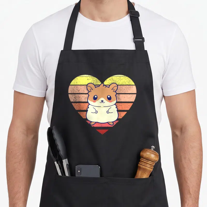 Shape hamster mom apron - Cartoon hamster standing before a heart formed by horizontal stripes in brown, yellow — shown on a black cotton canvas apron against a white background